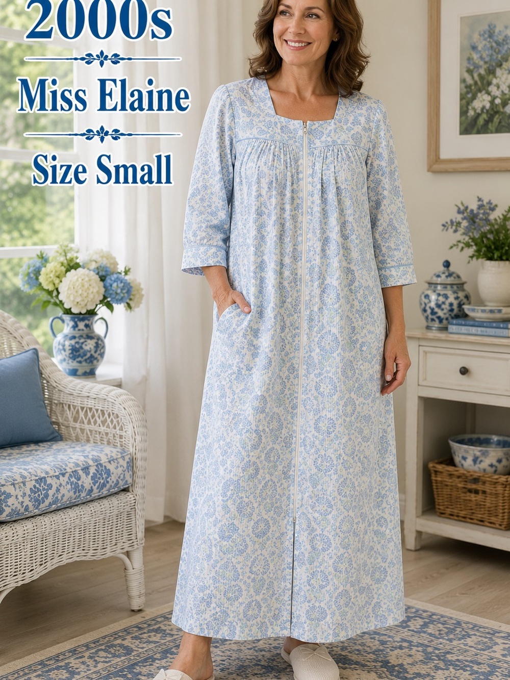 Miss Elaine Blue Seersucker House Dress Duster Zip Front Pockets Small